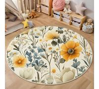 3D Alfombras Redondas Tapete Redondo Lavable Antideslizante,Flores Sencillas Alfombra De Área Redonda Plantas De Acuarela para Dormitorio,Salón,Sofá,Mesa Café Estudio Comedor,Blanco Amarillento 200Cm