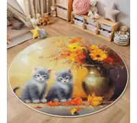 3D Alfombras Redondas Tapete Redondo Lavable Antideslizante,Gato De Flores Alfombra De Área Pintura Al Óleo De Animales para Dormitorio,Salón,Sofá,Mesa Café Estudio Comedor,Amarillo Grisáceo 140Cm