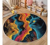 3D Alfombras Redondas Tapete Redondo Lavable Antideslizante,Gato De Llamas Alfombra De Área Redonda Animales De Fantasía para Dormitorio,Salón,Sofá,Mesa Café Estudio Comedor,Azul Anaranjado 160Cm