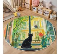 3D Alfombras Redondas Tapete Redondo Lavable Antideslizante,Gato De Ventana Alfombra De Área Redonda Pintura Al Óleo De Animales Para Dormitorio,Salón,Sofá,Mesa Café Estudio Comedor,Color 160Cm