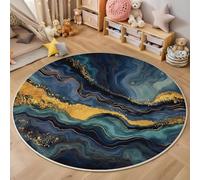 3D Alfombras Redondas Tapete Redondo Lavable Antideslizante,Mármol En Espiral Alfombra De Área Redonda Líneas Abstractas para Dormitorio,Salón,Sofá,Mesa Café Estudio Comedor,Oro Azul 160Cm