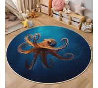 3D Alfombras Redondas Tapete Redondo Lavable Antideslizante,Pulpo Nadador Alfombra De Área Redonda Paisaje Oceánico para Dormitorio,Salón,Sofá,Mesa Café Estudio Comedor,Azul Y Rojo 140Cm