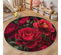 3D Alfombras Redondas Tapete Redondo Lavable Antideslizante,Rosas Rojas Brillantes Alfombra De Área Redonda Plantas con Flores para Dormitorio,Salón,Sofá,Mesa Café Estudio Comedor,Rojo 140Cm