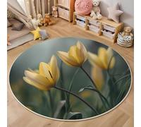 3D Alfombras Redondas Tapete Redondo Lavable,Flores Y Hojas Verdes Alfombra De Área Redonda Plantas De Pintura Al Óleo para Dormitorio,Salón,Sofá,Mesa Café Estudio Comedor,Amarillo Verdoso 100Cm