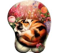 3D Alfombrilla de Ratón Reposamuñecas Ergonómica. Alfombrilla Antideslizante y Lavable. Mouse Pad. Almohadilla de Gel para el Ratón-Chat rêvant parmi Les Fleurs