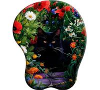 3D Alfombrilla Ratón con Cojín de Muñeca Reposamuñeca Ergonómico Chat Noir parmi Les Fleurs Alfombrilla Base de Goma Antideslizante Mouse Pad Gaming para Trabajadores Y Jugadores