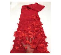 3D Colorful Flowers Beaded Embroidered Laces Fabrics Wedding Tulle Lace Fabric DIY Accessories Width 130cm 1meter(Red,5Yards 450cmX130cm)