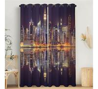 3D Cortina Opaca 2 Piezas Cortinas Salon, Paisaje Urbano De Nueva York Arquitectura Termicas Aislantes Frio Y Calor, Cortinas Poliéster Púrpura para Ventana Dormitorio 140An x 260Al cm con Ojales