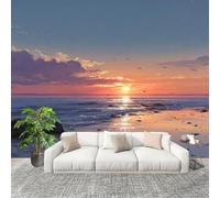 3D Créatif Papier Peint Panoramico Atardecer, PáJaros, Vista Al Mar Décoration De La Maison Papel Tapiz Imperméable Murales 350X256 cm PúRpura Amovibles ExtraíBle Para Despegar Y Pegar Fotomurales