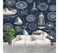 3D Créatif Papier Peint Panoramico NavegacióN Faro OcéAno TemáTica. Décoration De La Maison Papel Tapiz Imperméable Murales 250X175 cm Azul Amovibles ExtraíBle Para Despegar Y Pegar Fotomurales