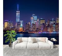 3D Créatif Papier Peint Panoramico Vista Nocturna De La Ciudad Décoration De La Maison Papel Tapiz Imperméable Murales 300X210 cm PúRpura Amovibles ExtraíBle Para Despegar Y Pegar Fotomurales