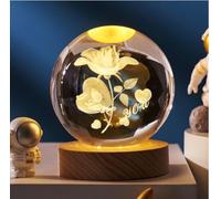 3D Engraved Crystal Ball Night Light, Warm Yellow,Laser Internal Carving Astronaut/Milky Way/Moon Sphere, Decorative Ornament & Gift for Space Enthusiasts,Ideal Gift & Home Decor Accent (Flower)