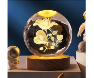 3D Engraved Crystal Ball Night Light, Warm Yellow,Laser Internal Carving Astronaut/Milky Way/Moon Sphere, Decorative Ornament & Gift for Space Enthusiasts,Ideal Gift & Home Decor Accent (Flower)