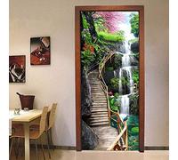 3D Etiqueta De La Puerta,Puente De Madera Cascada Horizontal Impermeable Extraíble Bricolaje Pintura Mural Murales Autoadhesivos Papel Tapiz Para Puertas Interiores Puerta Del Dormitorio Decoracion,
