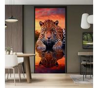3D Etiqueta de puerta Animales Leopardo Agua Puesta De Sol 95 x 215 cm Adhesivo Pegatina Vinilos para Puerta Pared Cocina Sala de Baño Mural removible autoadhesivo impermeable Color Naranja