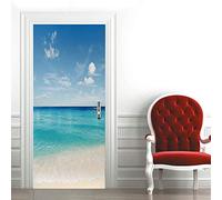 3D Etiqueta De Puerta Cielo Azul Playa Vista Al Mar Moderna 77X200Cm Diy Adhesivo Pegatina Vinilos Decorativos Para Puerta Pared Cocina Sala De Baño Mural Removible Autoadhesivo Impermeable
