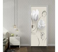 3D Etiqueta de puerta Flor blanca minimalista moderna 77x200cm Adhesivo Pegatina Vinilos Decorativos para Puerta Pared Cocina Sala de Baño Mural removible autoadhesivo impermeable