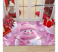3D Felpuda de Bienvenida de muñeco de Nieve Rosa con copito de Nieve y Estampado de corazón Felpudo de Invierno Suave para casa u Oficina Alfombra de decoración navideña-50x80cm