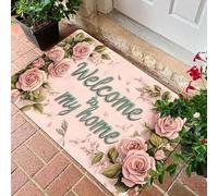 3D Felpudo Rosa Welcome To My Home con patrón de Letras, Estera Antideslizante de poliéster y diseño Floral para Las Fiestas Interior/Exteriores en diciembre-60x90cm