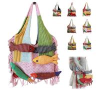 3D Fish Knitted Tote Bag,Bohemian Fringe Yarn Patchwork Shoulder Bag with Fish Decoration,Women's Cute Cartoon Fishes Handbag (Pink)