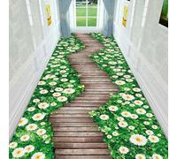 3D Floral White Flower Green Leaf Runner Rug Non-Slip Washable For Hallway Entrance Office Living Room Bedroom Kitchen Floor Modern Decoration
