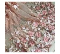 3D Flower Bead Pearl Lace Fabric Pink Chiffon Floral Tulle For Wedding Dress Bridal Veil Tutu 1 Yard(Peach pink tulle)