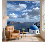 3D Fotomurales Grecia 450x315 cm Decorativos Papel Pintado Panorámico Mural Villa Frente al Mar Tejido No Tejido Decoración de Pared Murales Moderna de Diseno w.5844
