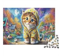 3D Gato Set De Rompecabezas 1000 Piezas, Papel Grueso,Gato Hoodie Village Art Decoración Interior, Regalo Año Nuevo, Relajación En Casa, Juego Cerebral 52x38cm/1000pcs