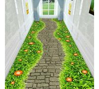 3D Green Grass Flower Stone Road Carpet Runner Rug Non-Slip Washable for Hallway Entrance Office Living Room Bedroom Kitchen Floor Modern Decoration