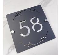 3D Hollow Acrylic House Number Sign with Ornamental Floral Design - Custom Laser Engraved Address Plaque for Wall, Matte Finish Floating Door Number Plate (Black silver)