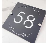 3D Hollow Acrylic House Number Sign with Ornamental Floral Design - Custom Laser Engraved Address Plaque for Wall, Matte Finish Floating Door Number Plate (Black white)