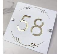3D Hollow Acrylic House Number Sign with Ornamental Floral Design - Custom Laser Engraved Address Plaque for Wall, Matte Finish Floating Door Number Plate (White gold)