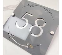 3D Hollow Acrylic House Number Sign with Ornamental Floral Design - Custom Laser Engraved Address Plaque for Wall, Matte Finish Floating Door Number Plate (Gray silver)