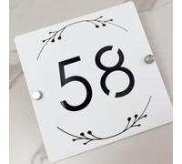 3D Hollow Acrylic House Number Sign with Ornamental Floral Design - Custom Laser Engraved Address Plaque for Wall, Matte Finish Floating Door Number Plate (White black)
