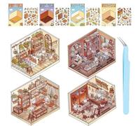 3D House Sticker Set 4 Juegos 3D Sticker Scenes Book,3D Sticker Scene,Fun DIY Stickers Scene Cute Cartoon Scene Stickers Haz Tu Propio Supermercado Cafetería Restaurante Librería