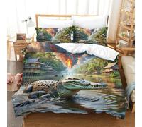 3D Impreso cocodrilo Hiding in Mangroves 3 Piezas Juego De Ropa De Cama Animales 2 Fundas De Almohada Microfibra con Cremallera Transpirable para Niños Double（200x200cm）