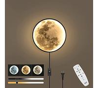 3D Lámpara de Luna Dimerizable Aplique de Pared Con mando a distancia e interruptor de cable de alimentación, Redonda Lámpara de Pared LED 12W, Modo de luz nocturna, Lámpara de Cabecera con enchufe