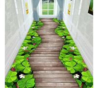 3D Modern Wood Road with Green Floral Runner Rug Non-Slip Washable for Hallway Entrance Office Living Room Bedroom Kitchen Floor Modern Decoration