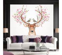 3D No Tejidopapel Pintado Animalesdos Pájaros Parados Entre Los Cuernos De Un Ciervo Florido - Fotomural Decorativo Para Salón, Dormitorio, Habitación Infantil, Estudio O Fondo De Tv