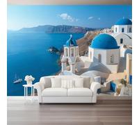 3D No Tejidopapel Pintado Estilo Mediterráneo Arquitectura Vista Al Mar.Azul Blanco - Fotomural Decorativo Para Salón, Dormitorio, Habitación Infantil, Estudio O Fondo De Tv 350 X 256 Cm