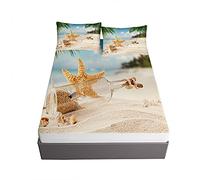 3D Ondas Playa Impresión Juegos de Sábanas, Ouduo Microfibra Sábana Bajera Ajustable Bolsillo Profundo 30cm con 2 Fundas de Almohada para Cama Individual o Matrimonial (Concha,140x200x30cm)