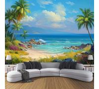 3D Paisaje De Pintura Al Óleo Papel Pintado Para Pared - Palmeras Junto Al Mar Mural Decorativo Para Dormitorio Y Sala - Azul-Verde Decoración De Pared Moderna Papel Tapiz Fotomurales 350×256cm
