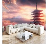 3D Panorámica De Pared De Monte Fuji Japón Flores de cerezo Pagoda Churei Premium Papel Pintado No Tejido Para Sala Dormitorio Niño Dormitorio Decoración Pared Moderno Póster 200 x 140 cm (W x H)