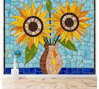 3D Papel Pintado Abstracto Azul Mosaico Girasoles Amarillos Hojas Verdes | Tejido de Seda con Textura Alta Gama Ideal Para el Salón Dormitorio Estudio la Oficina Comedor y Pared Trasera TV-300cm×210cm