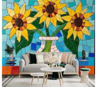 3D Papel Pintado Abstracto Girasoles De Colores Arte Fondo Azul Jarrón | Seda Texturizada de Premium Ideal Para el Estudio Comedor Salón Dormitorio Cocina Sofá TV y la Decoración Pared-430cm×300cm