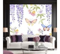 3D Papel Pintado Acuarela Flores De Glicina Para Pared - Mural Decorativo Impermeable Para Dormitorio Y Sala La Glicina Se Entrelaza Con Las Mariposas Que Vuelan- Papel Tapiz Fotomurales De Pared