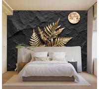 3D Papel Pintado Ciervo Dorado Hojas De Helecho Doradas Luna Llena Piedra | Murales Creativos y Modernos Para la Del Hogar Estudio Salón Dormitorio Fondo el Sofá Decoración de Pared Lujo-250cm×170cm
