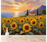 3D Papel Pintado Costa Campo De Girasoles Puesta De Sol Cielo Casita Rural | Seda Texturizada de Premium Ideal Para el Estudio Comedor Salón Dormitorio Cocina Sofá TV y la Decoración Pared-430cm×300cm