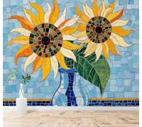 3D Papel Pintado Creatividad Jarrón Azul Girasoles En Mosaico Azulejos | Cuadros Decorativos de Seda Gama Ideales Para el Estudio la Oficina Comedor Salón Dormitorio Pared Trasera del TV-430cm×300cm