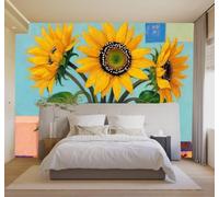 3D Papel Pintado Dibujo A Mano Creativo Jarrón Azul Girasoles Amarillos | Seda Texturizada de Premium Ideal Para el Estudio Comedor Salón Dormitorio Cocina Sofá TV y la Decoración Pared-430cm×300cm